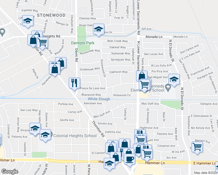 map of restaurants, bars, coffee shops, grocery stores, and more near 1101 Ponce De Leon Avenue in Stockton