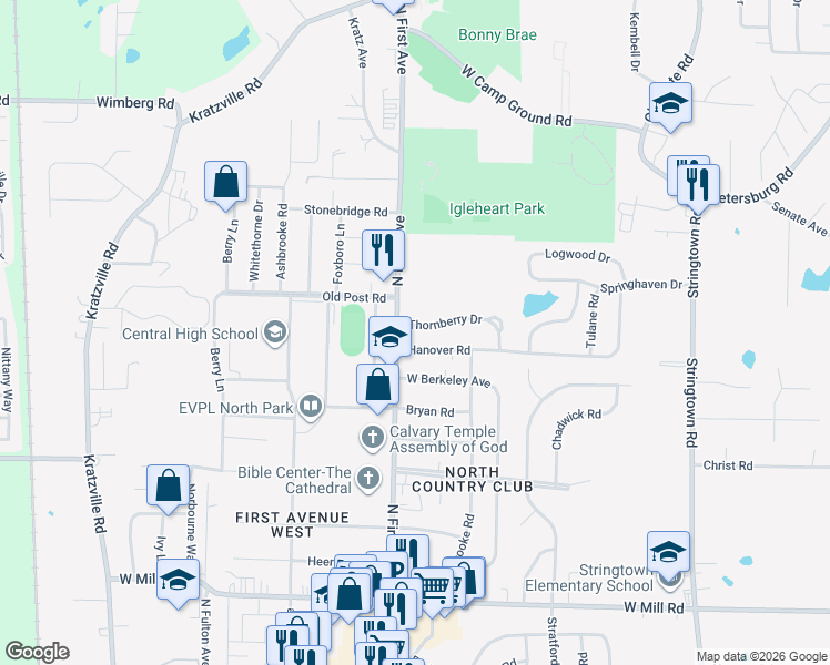 map of restaurants, bars, coffee shops, grocery stores, and more near 718 Thornberry Dr in Evansville