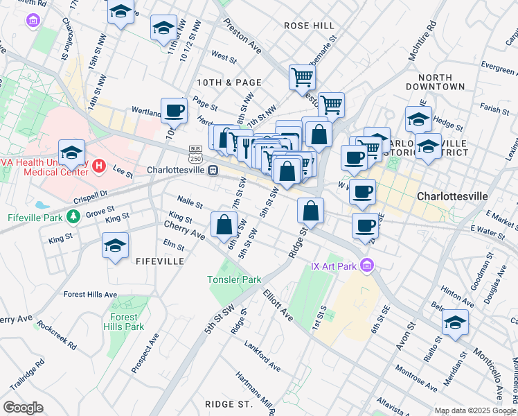 map of restaurants, bars, coffee shops, grocery stores, and more near 217 5th Street Southwest in Charlottesville