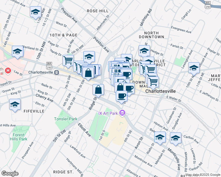 map of restaurants, bars, coffee shops, grocery stores, and more near in Charlottesville