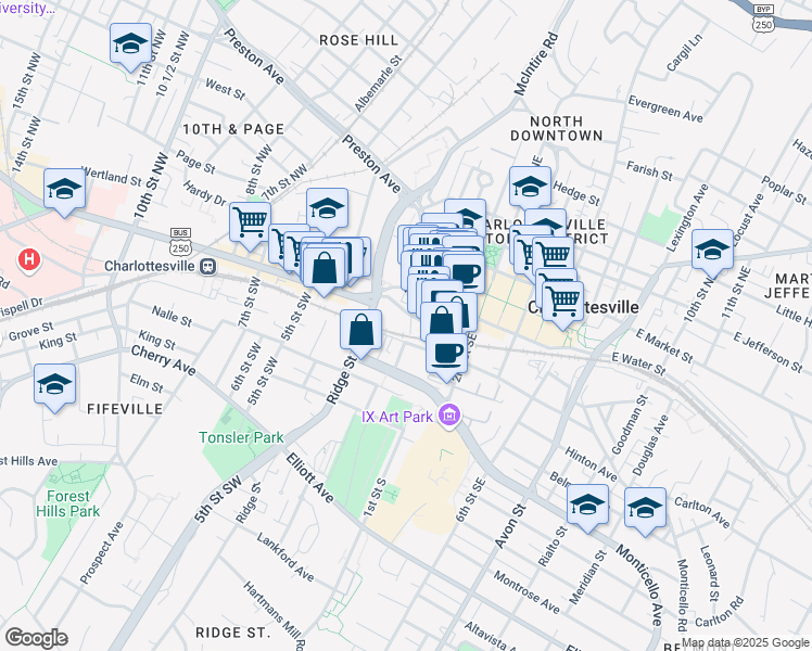 map of restaurants, bars, coffee shops, grocery stores, and more near 222 South Street in Charlottesville
