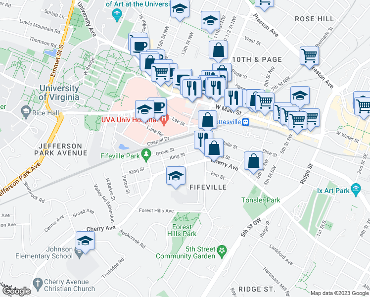 map of restaurants, bars, coffee shops, grocery stores, and more near 917 King Street in Charlottesville