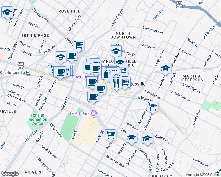 map of restaurants, bars, coffee shops, grocery stores, and more near 309 East Water Street in Charlottesville