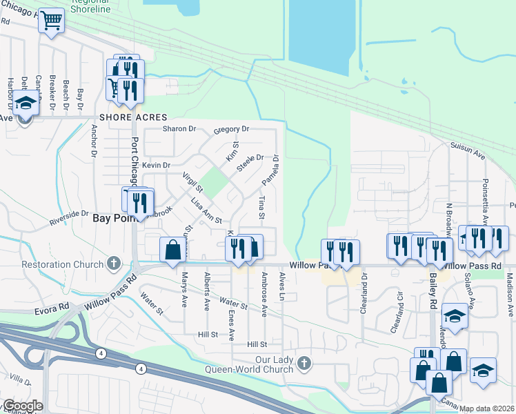 map of restaurants, bars, coffee shops, grocery stores, and more near 79 Tina Street in Bay Point