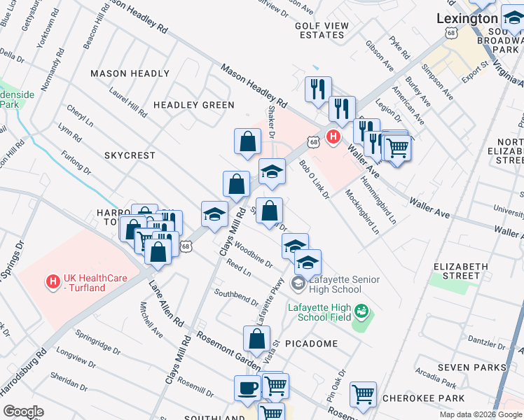 map of restaurants, bars, coffee shops, grocery stores, and more near 537 Springhill Drive in Lexington