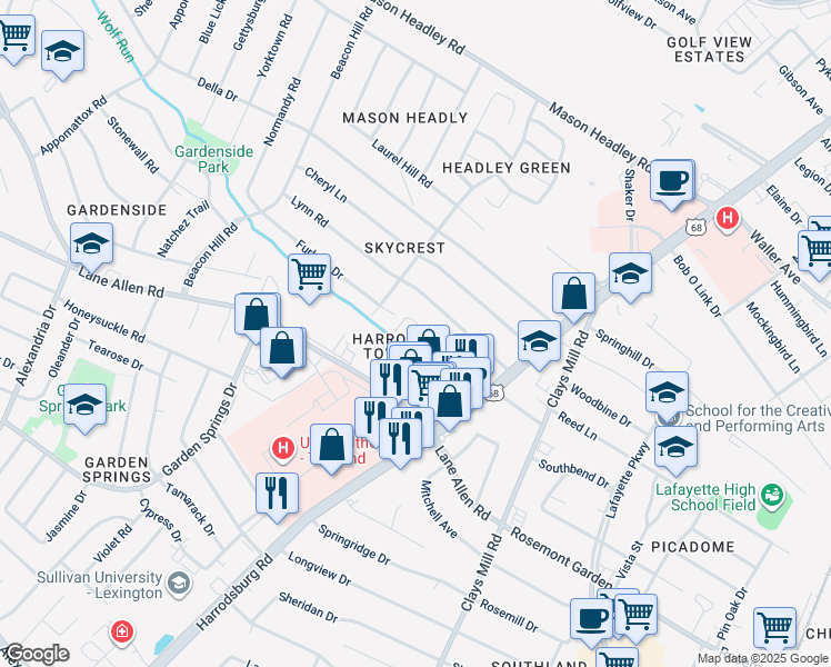 map of restaurants, bars, coffee shops, grocery stores, and more near 808 Spring Meadows Drive in Lexington