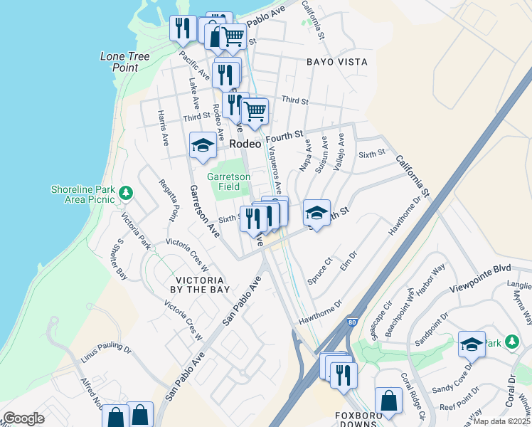 map of restaurants, bars, coffee shops, grocery stores, and more near 605 Parker Avenue in Rodeo