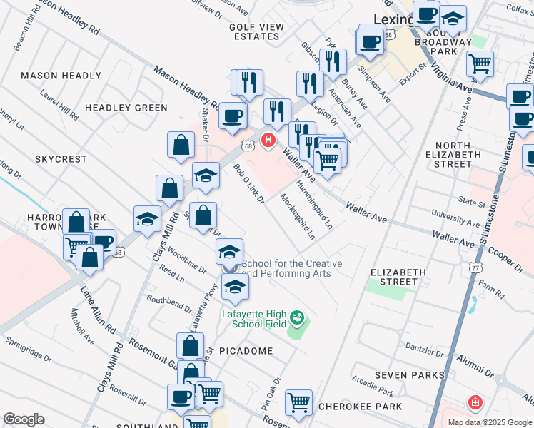 map of restaurants, bars, coffee shops, grocery stores, and more near 492 Bob-O-Link Drive in Lexington