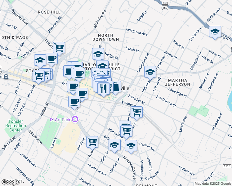 map of restaurants, bars, coffee shops, grocery stores, and more near 120 7th Street Northeast in Charlottesville