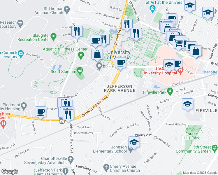 map of restaurants, bars, coffee shops, grocery stores, and more near 1723 Jefferson Park Avenue in Charlottesville