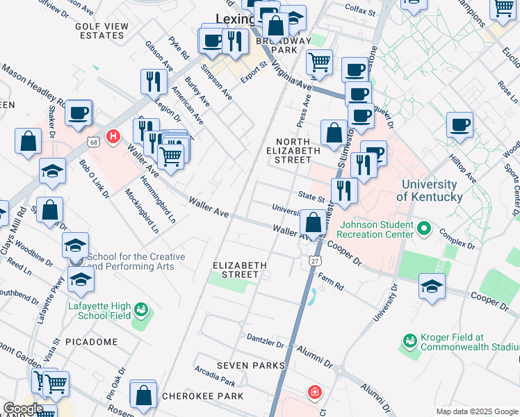 map of restaurants, bars, coffee shops, grocery stores, and more near 218 University Avenue in Lexington