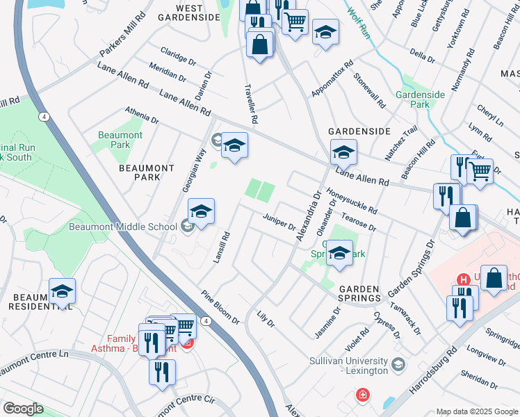 map of restaurants, bars, coffee shops, grocery stores, and more near 1044 Juniper Drive in Lexington