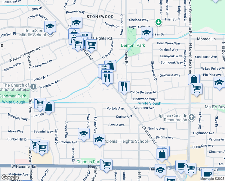 map of restaurants, bars, coffee shops, grocery stores, and more near 8627 Thornton Road in Stockton