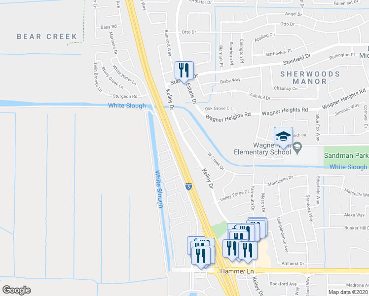 map of restaurants, bars, coffee shops, grocery stores, and more near 8805 Kelley Drive in Stockton