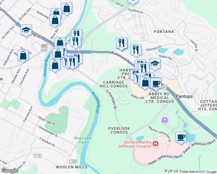 map of restaurants, bars, coffee shops, grocery stores, and more near 915 Dorchester Place in Charlottesville