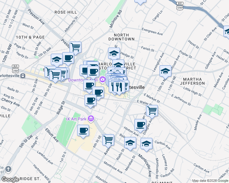 map of restaurants, bars, coffee shops, grocery stores, and more near 106 5th Street Southeast in Charlottesville
