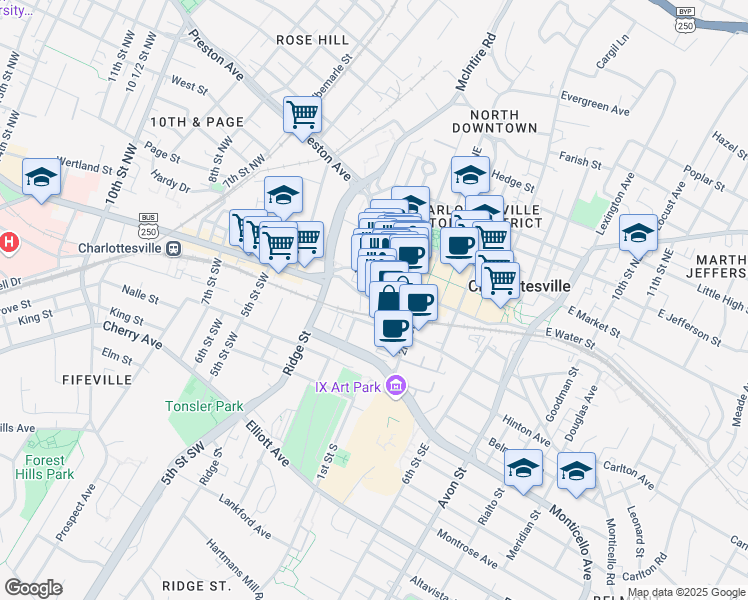 map of restaurants, bars, coffee shops, grocery stores, and more near 200 South Street West in Charlottesville
