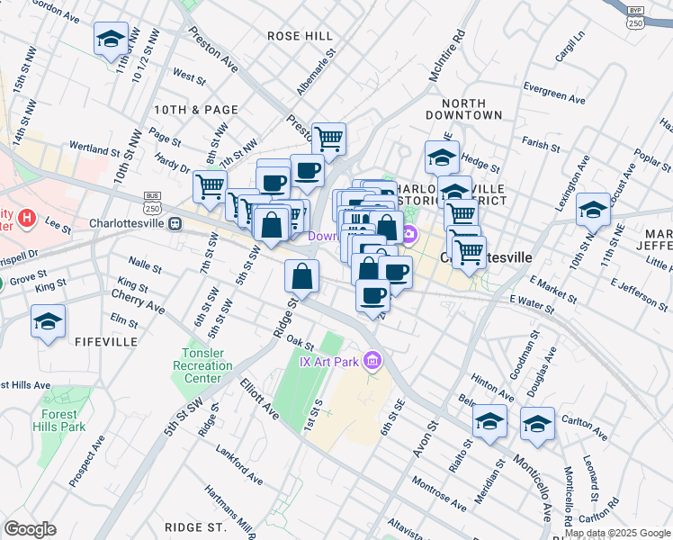 map of restaurants, bars, coffee shops, grocery stores, and more near 100 Ridge Street in Charlottesville
