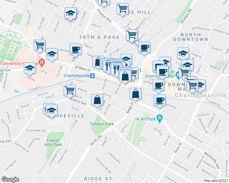 map of restaurants, bars, coffee shops, grocery stores, and more near 217 5th Street Southwest in Charlottesville