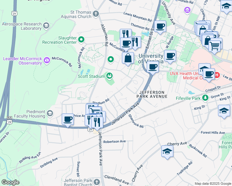 map of restaurants, bars, coffee shops, grocery stores, and more near 1818 Stadium Road in Charlottesville