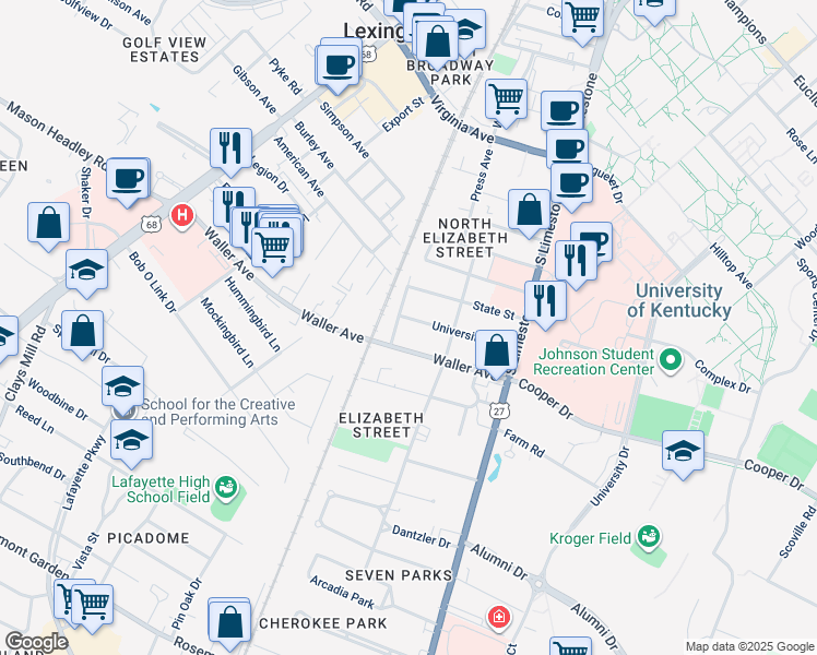 map of restaurants, bars, coffee shops, grocery stores, and more near 218 University Avenue in Lexington