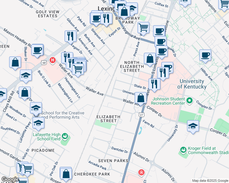 map of restaurants, bars, coffee shops, grocery stores, and more near 218 University Avenue in Lexington