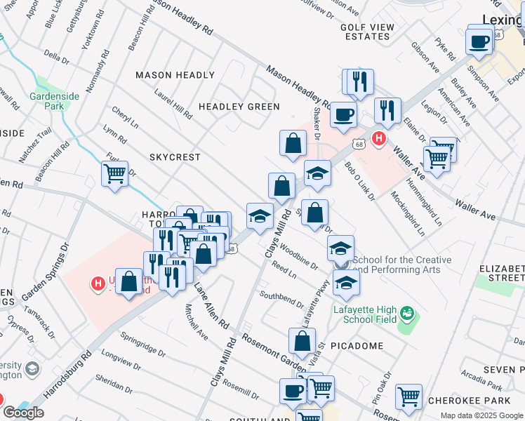map of restaurants, bars, coffee shops, grocery stores, and more near 1787 Harrodsburg Road in Lexington