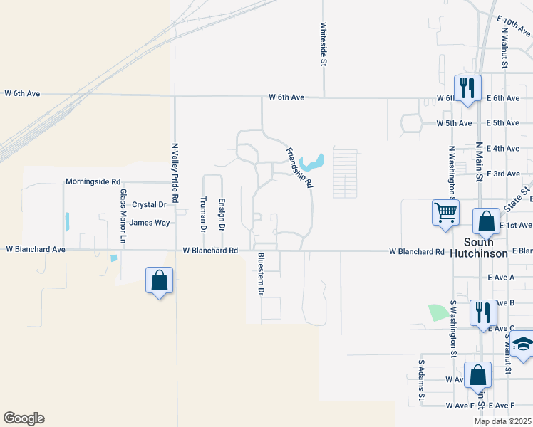 map of restaurants, bars, coffee shops, grocery stores, and more near 600 W Blanchard Rd in South Hutchinson