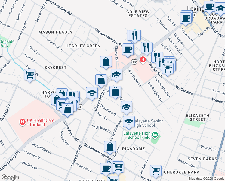 map of restaurants, bars, coffee shops, grocery stores, and more near 537 Springhill Drive in Lexington