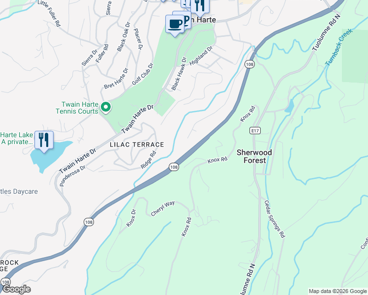 map of restaurants, bars, coffee shops, grocery stores, and more near 22499 Cedar Pines Avenue in Twain Harte