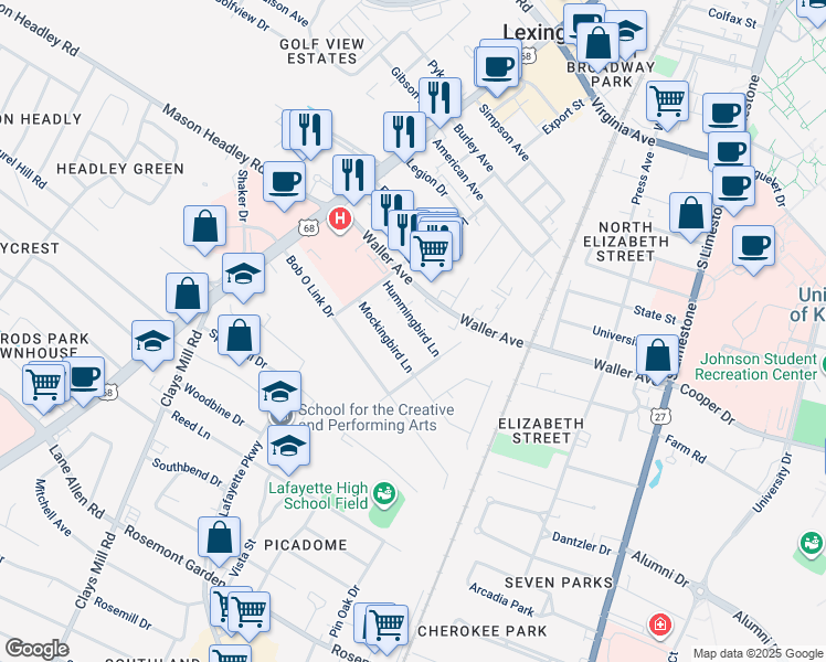map of restaurants, bars, coffee shops, grocery stores, and more near 318 Hummingbird Lane in Lexington