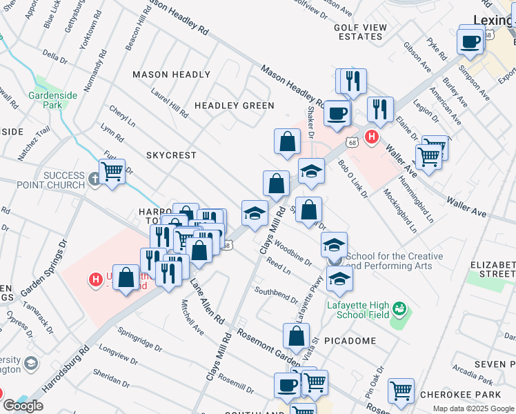 map of restaurants, bars, coffee shops, grocery stores, and more near 1787 Harrodsburg Road in Lexington