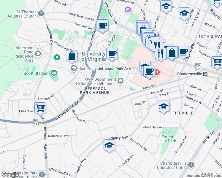 map of restaurants, bars, coffee shops, grocery stores, and more near 1712 Valley Road in Charlottesville