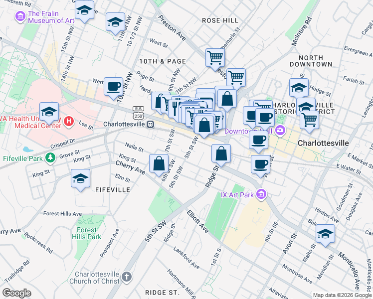 map of restaurants, bars, coffee shops, grocery stores, and more near 217 5th Street Southwest in Charlottesville