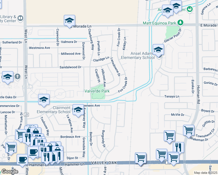map of restaurants, bars, coffee shops, grocery stores, and more near 8726 Lansdowne Drive in Stockton