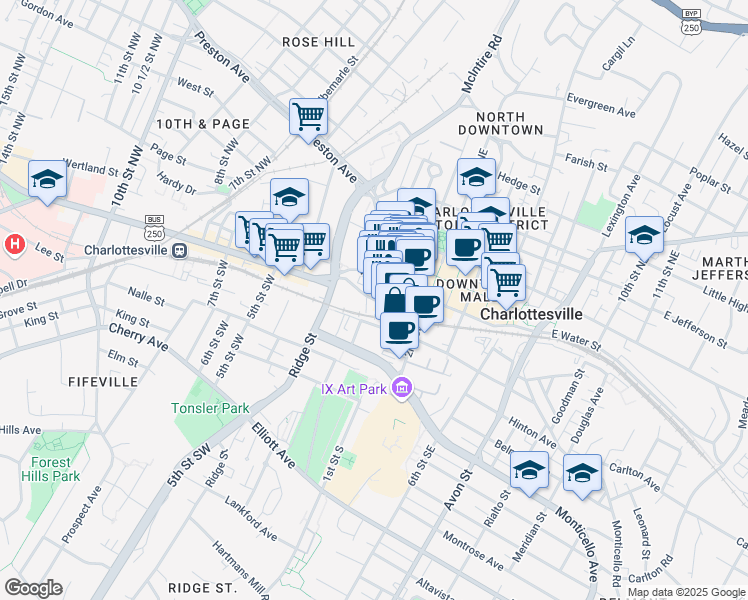 map of restaurants, bars, coffee shops, grocery stores, and more near 222 South Street in Charlottesville