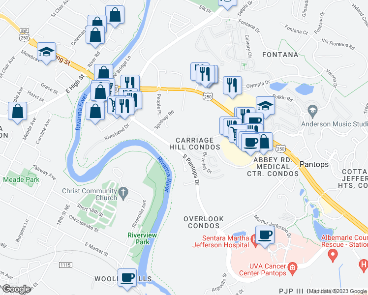 map of restaurants, bars, coffee shops, grocery stores, and more near 915 Dorchester Place in Charlottesville