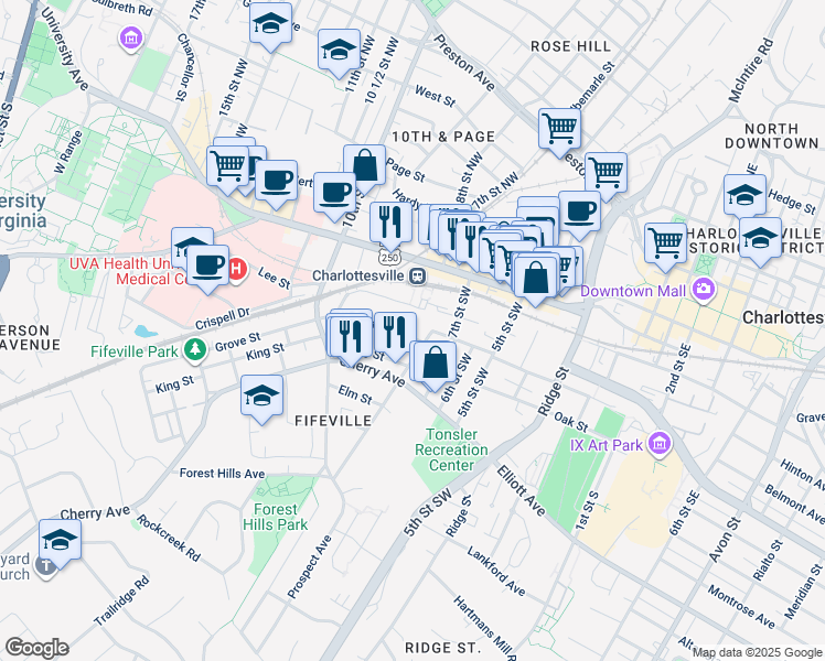 map of restaurants, bars, coffee shops, grocery stores, and more near 715 Nalle Street in Charlottesville