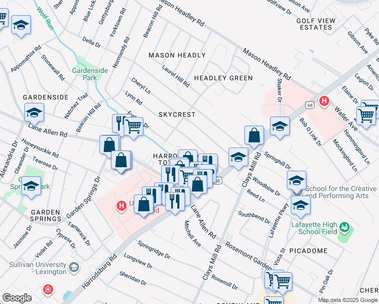 map of restaurants, bars, coffee shops, grocery stores, and more near 808 Spring Meadows Drive in Lexington