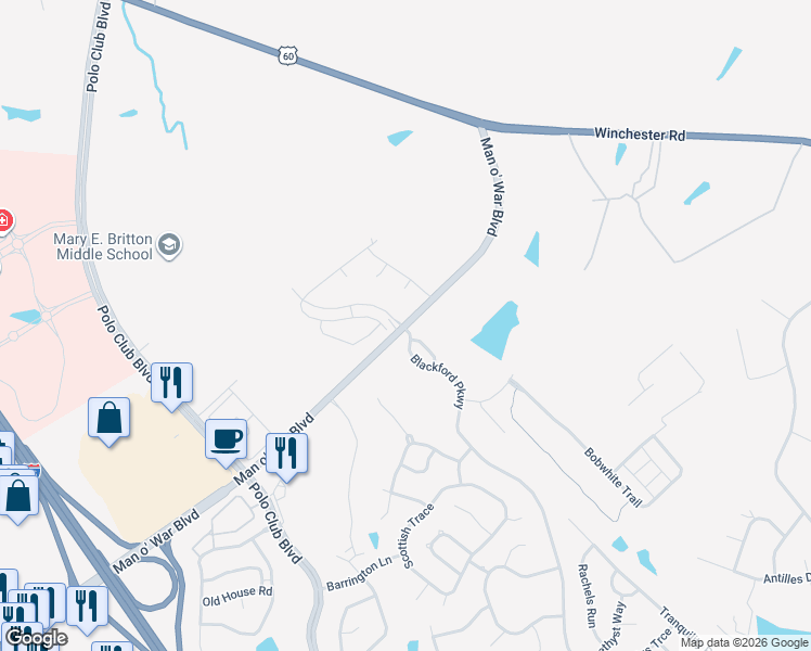 map of restaurants, bars, coffee shops, grocery stores, and more near 6539 Man o' War Boulevard in Lexington