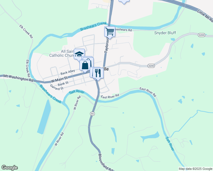 map of restaurants, bars, coffee shops, grocery stores, and more near 106 Hardin Street in Taylorsville
