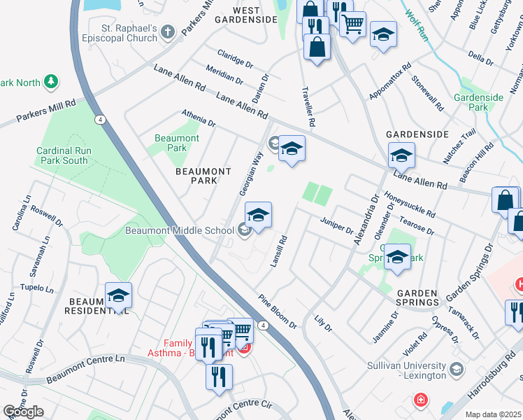 map of restaurants, bars, coffee shops, grocery stores, and more near 2044 Georgian Way in Lexington