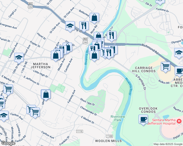 map of restaurants, bars, coffee shops, grocery stores, and more near 320 Riverbend Drive in Charlottesville