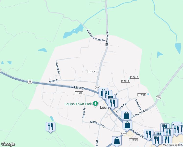 map of restaurants, bars, coffee shops, grocery stores, and more near 102 Loving Street in Louisa