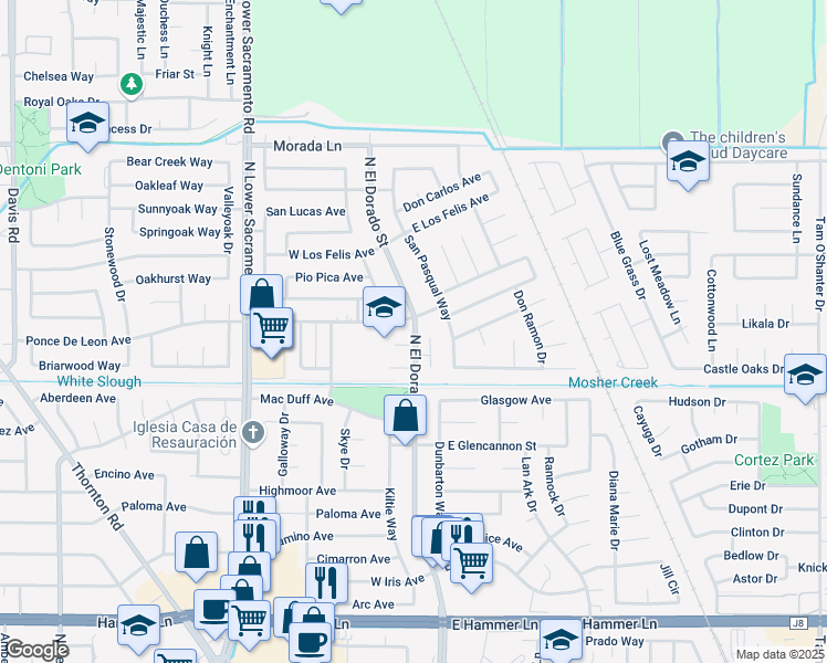 map of restaurants, bars, coffee shops, grocery stores, and more near 127 Normandy Court in Stockton