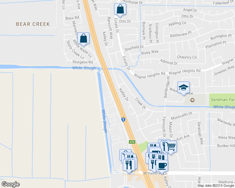 map of restaurants, bars, coffee shops, grocery stores, and more near 8667 Mariners Drive in Stockton