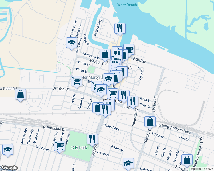 map of restaurants, bars, coffee shops, grocery stores, and more near 50 East 8th Street in Pittsburg