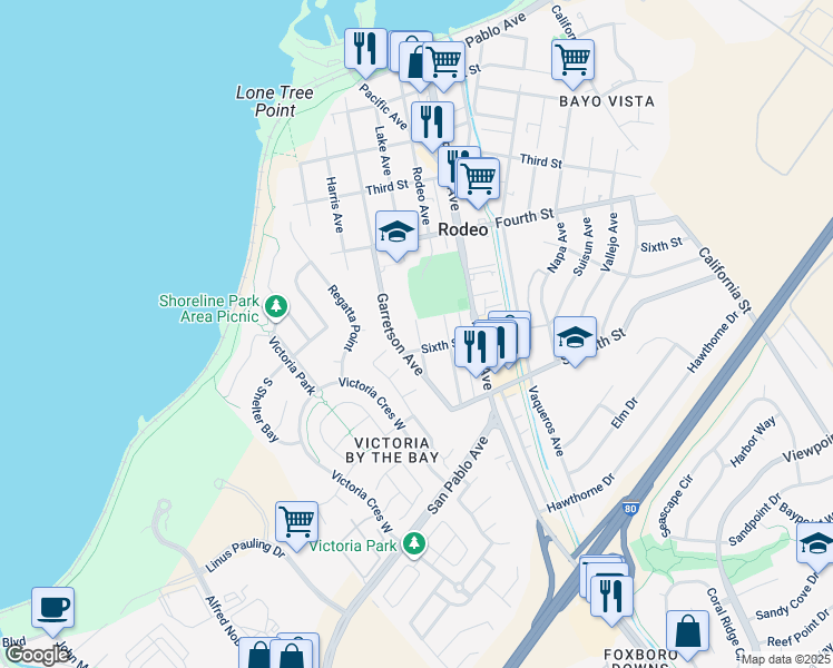 map of restaurants, bars, coffee shops, grocery stores, and more near 400 Sixth Street in Rodeo