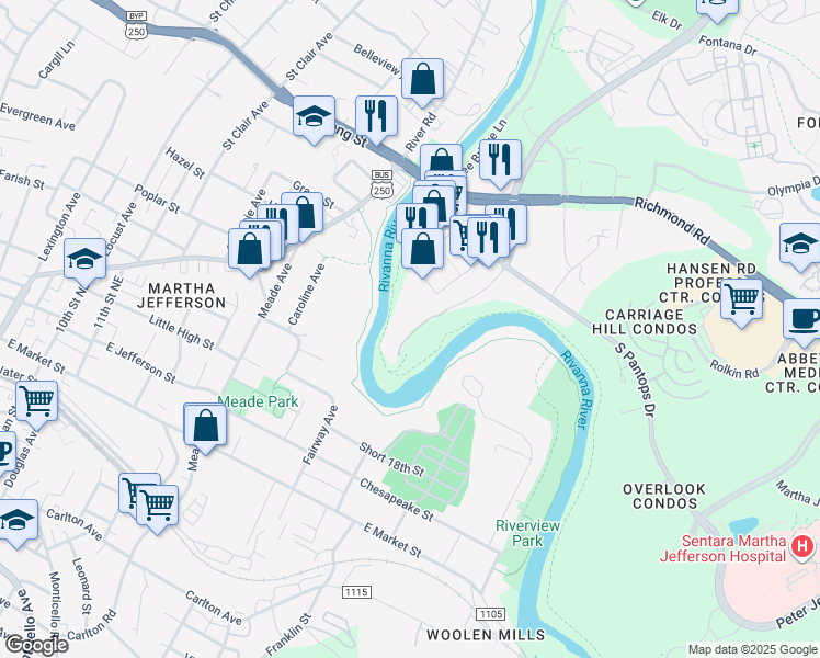 map of restaurants, bars, coffee shops, grocery stores, and more near 260 Riverbend Drive in Charlottesville
