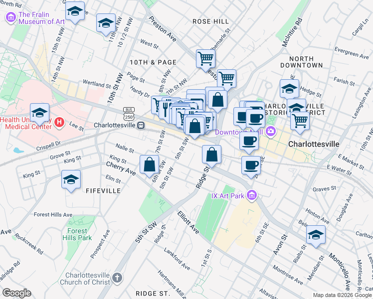 map of restaurants, bars, coffee shops, grocery stores, and more near 221 4th Street Southwest in Charlottesville